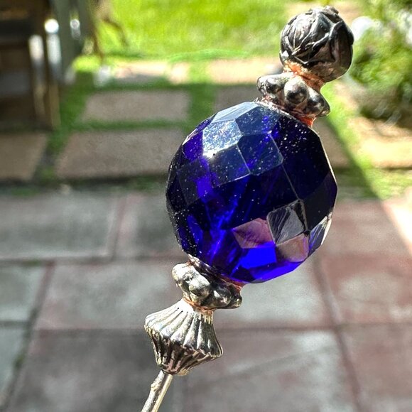 Edwardian Cobalt Blue Glass Hat Pin 8.5" - Picture 1 of 8